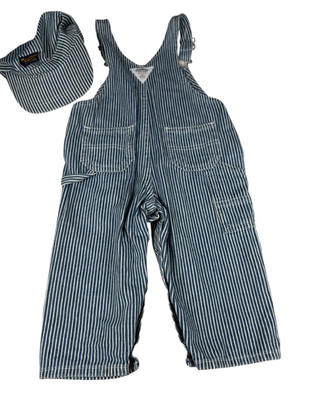 OshKosh B'Gosh Train Conductor Blue White Hickory Stripe Overalls 18M Hat 2T-4T - Picture 7 of 11